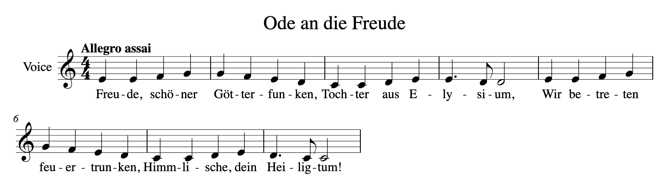 Printed score of the first eight bars of Ode to Joy with German lyrics